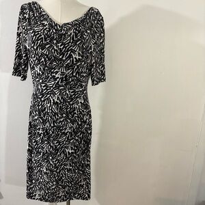 RALPH LAUREN Black White Ruched Waist Short Sleeve Dress Size 12 Office Classic